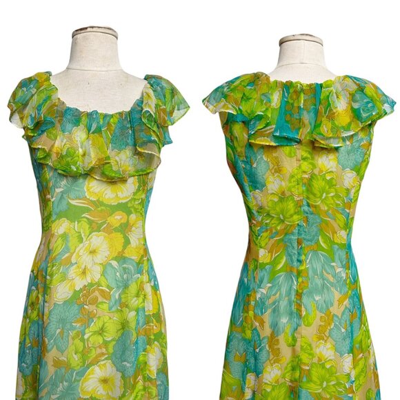 60s 70s Vintage Floral Maxi Dress Ruffle Neckline Collar Floorlength A-line. - Picture 9 of 14